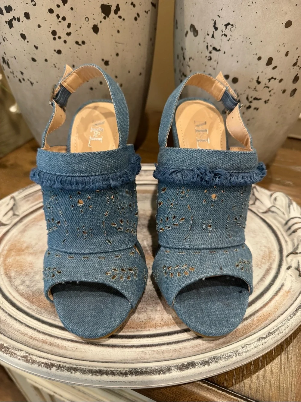 Denim Block Heel Sandals - Blue
